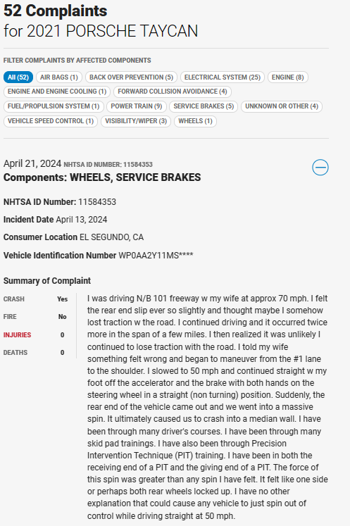 Porsche Taycan 21 Taycan "spin out of control while driving straight at 50 mph" - NHTSA safety complaint - April 21, 2024 1713894554741-e7
