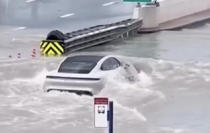 Submarine Taycan in flood waters